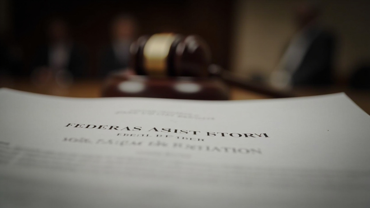 Close-up of a federal court filing document on a judge's desk with a gavel partially visible in soft focus