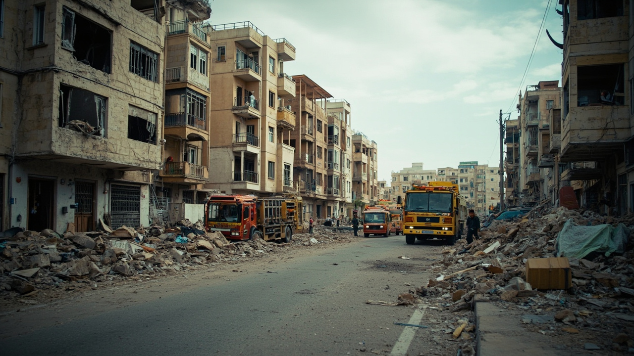 Damaged residential buildings in the city of Arad with shattered windows and debris on streets as emergency crews work