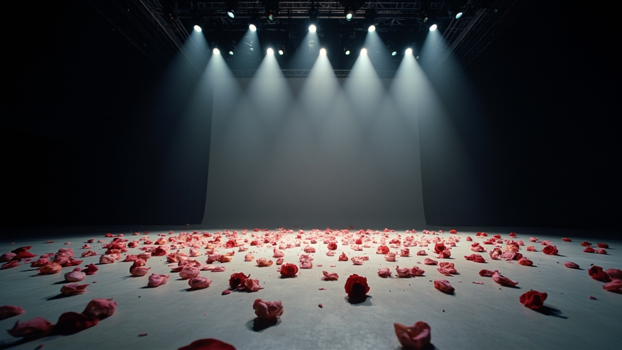 An empty television studio set with rose petals scattered on the floor and lighting rigs overhead