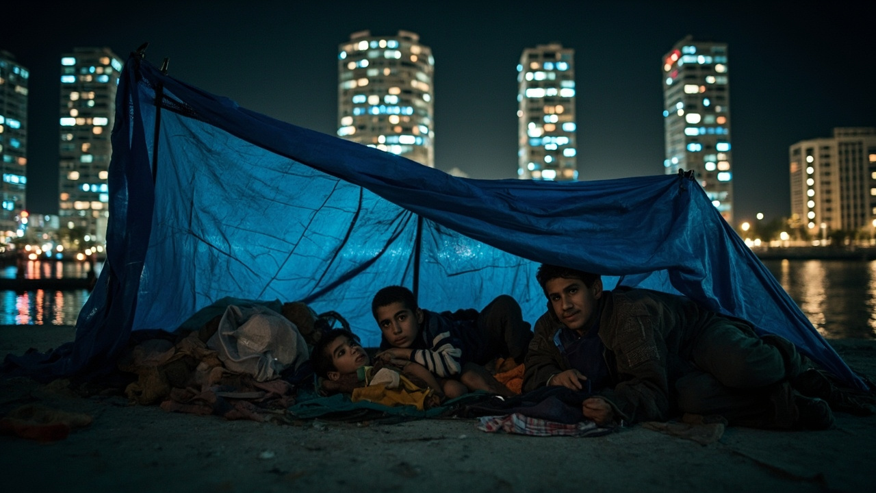 Displaced Lebanese children sleeping under tarp on Beirut corniche with luxury towers illuminated behind