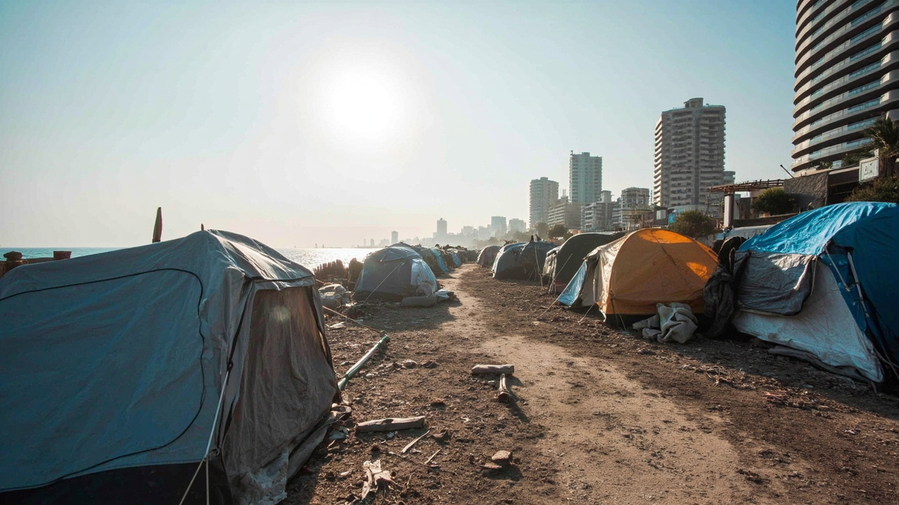 Makeshift tents along Beirut's seaside corniche with luxury high-rise buildings visible in the background