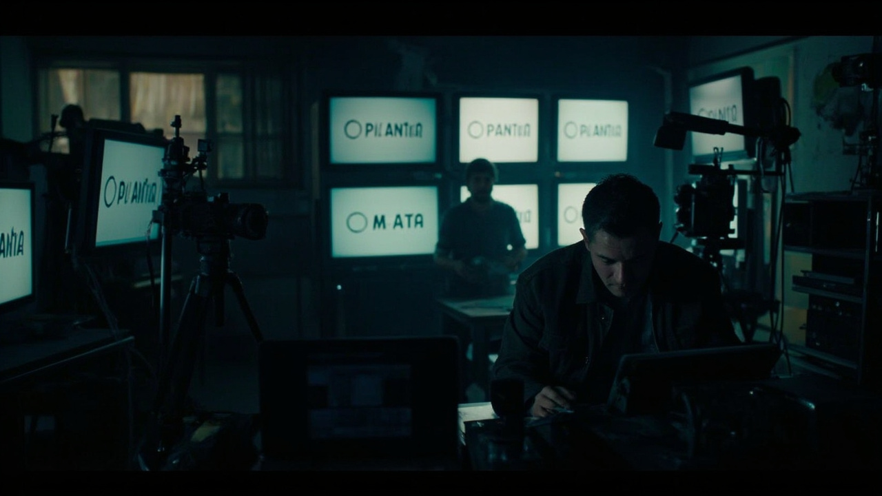A newsroom with multiple screens showing Palantir and Meta logos alongside journalism production tools in a dimly lit office