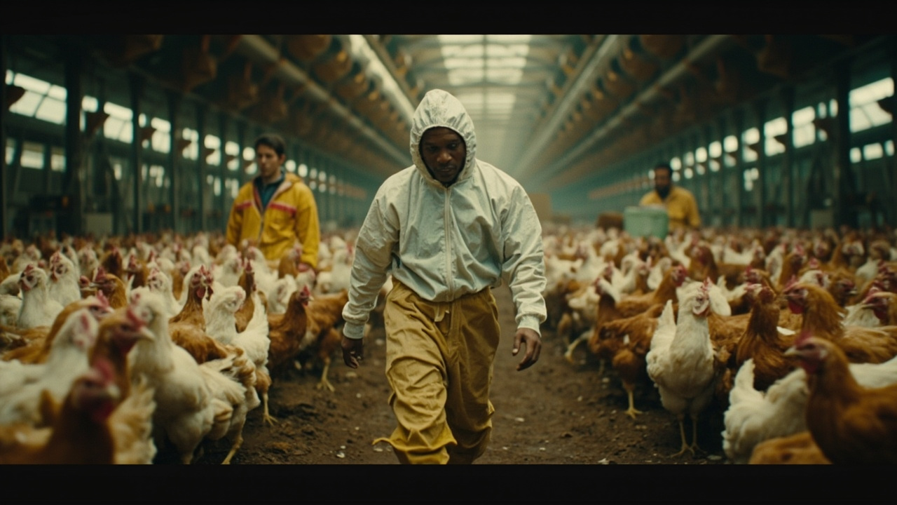 Workers in full biosecurity suits walking through a large commercial poultry barn with industrial ventilation systems visible overhead