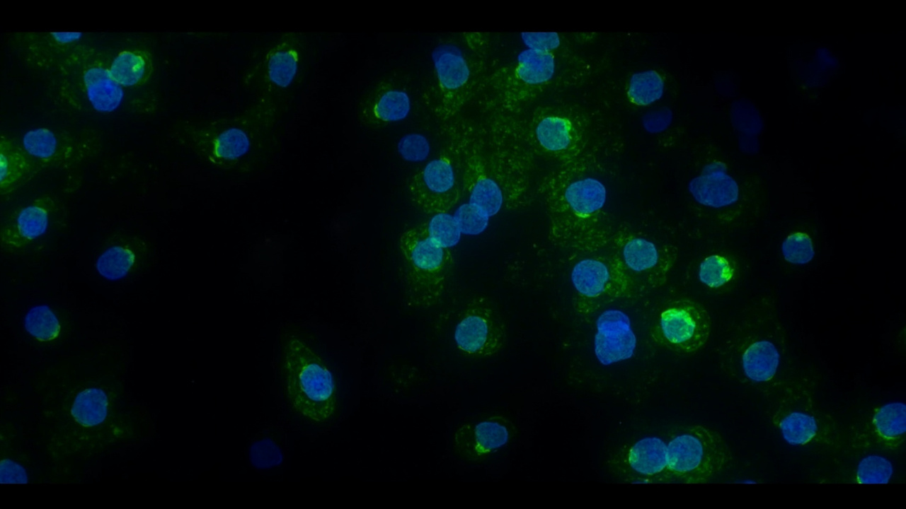 Fluorescent microscope view of human cells with proto-oncogenes activating