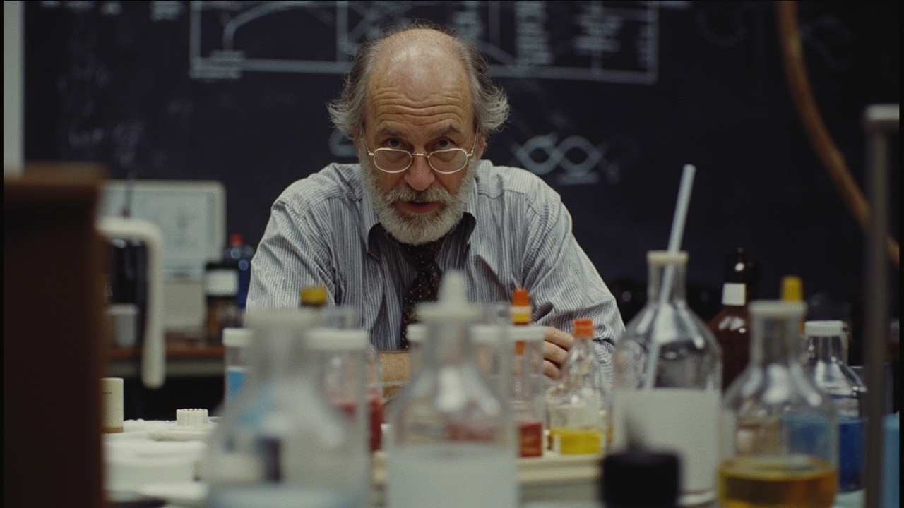 J. Michael Bishop in his UCSF laboratory in the 1970s surrounded by pipettes and cell culture flasks with a blackboard of gene diagrams behind him