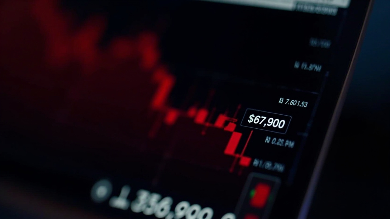 A cryptocurrency trading terminal showing a red downward price chart with the Bitcoin symbol and $67,900 price level highlighted