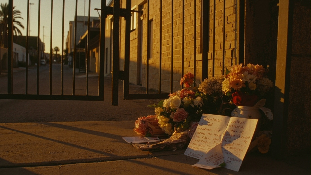 Flowers and handwritten notes left outside a Hollywood soundstage gate at dusk in warm amber light