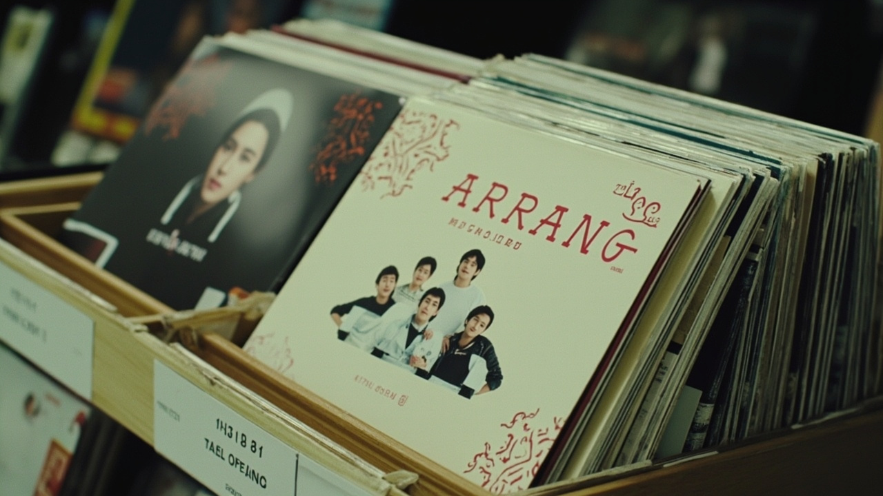 Stack of BTS Arirang album physical copies with Korean traditional pattern design on a record store display
