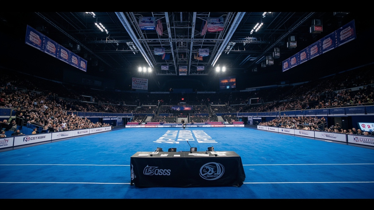 An empty competitive cheerleading arena with event banners and a judges table in the foreground, no athletes present