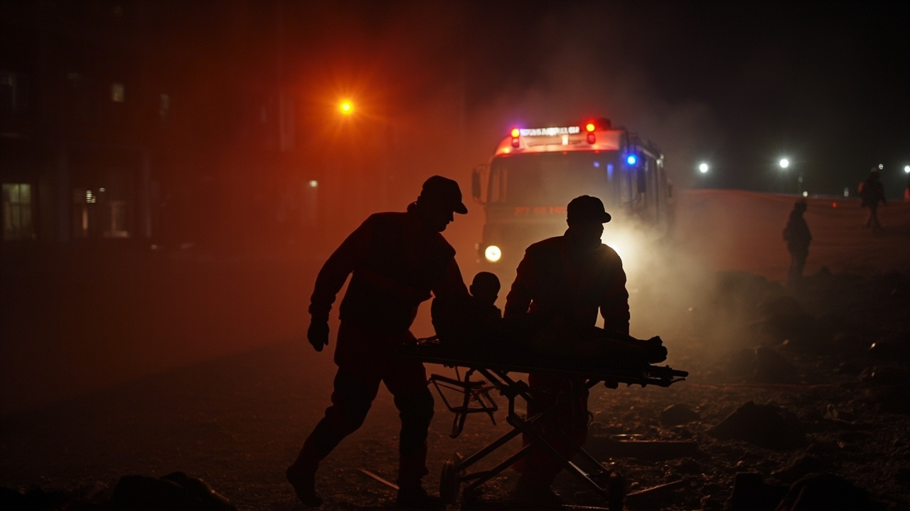 Israeli paramedics carrying wounded child through rubble after missile strike