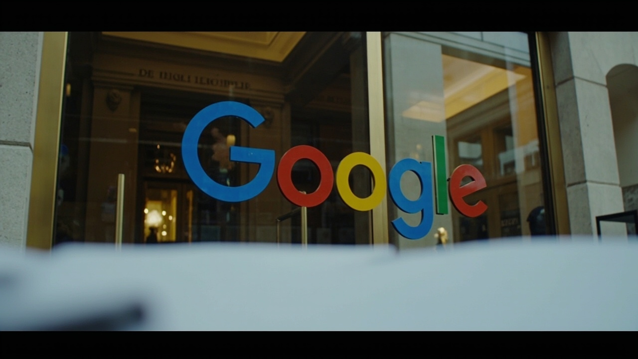The Department of Justice building facade with the Google logo reflected in its glass doors and a court filing document visible in the foreground