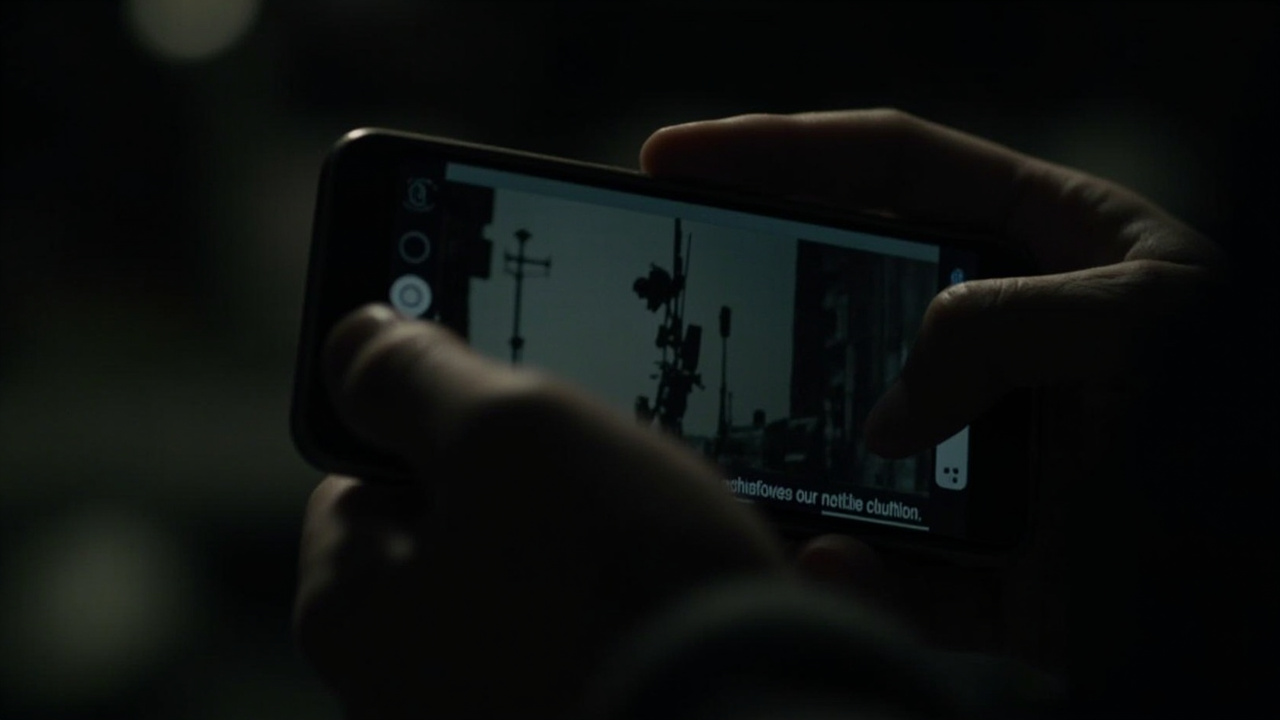 Close-up of hands holding a smartphone in a dark room with war news footage reflected in the screen glass