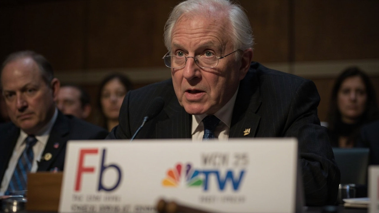 FCC Chairman Brendan Carr at a hearing table with broadcast network logos and a gavel in the foreground