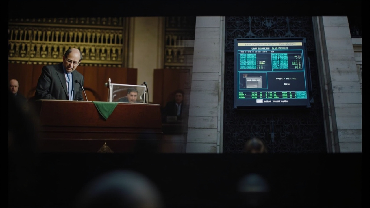 Split screen of Mohammad Bagher Ghalibaf at the Iranian parliament podium and a US Treasury bond auction screen at the Federal Reserve