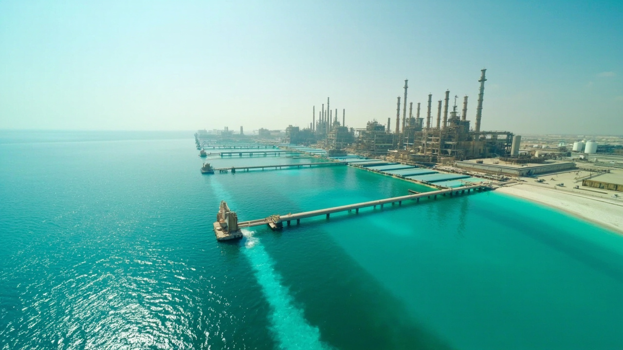 A massive desalination plant on the Persian Gulf coast with intake pipes extending into turquoise water and industrial towers rising behind