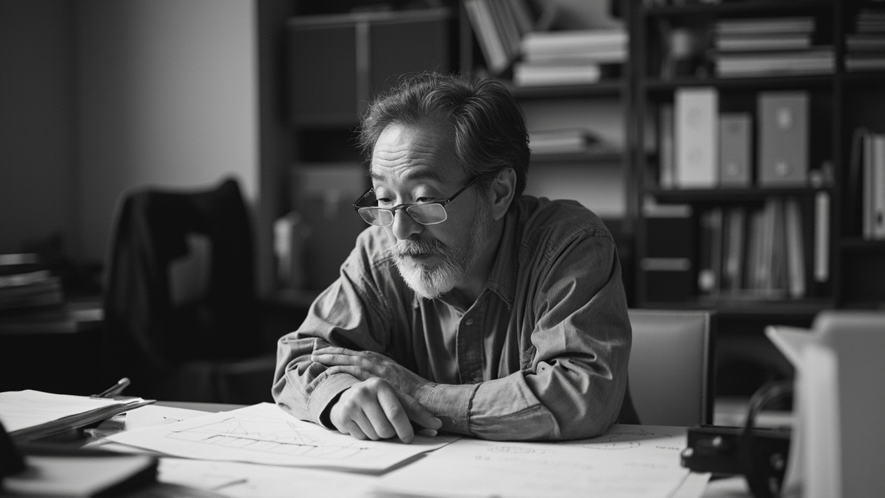 Black and white portrait of mathematician Heisuke Hironaka at his desk with mathematical papers