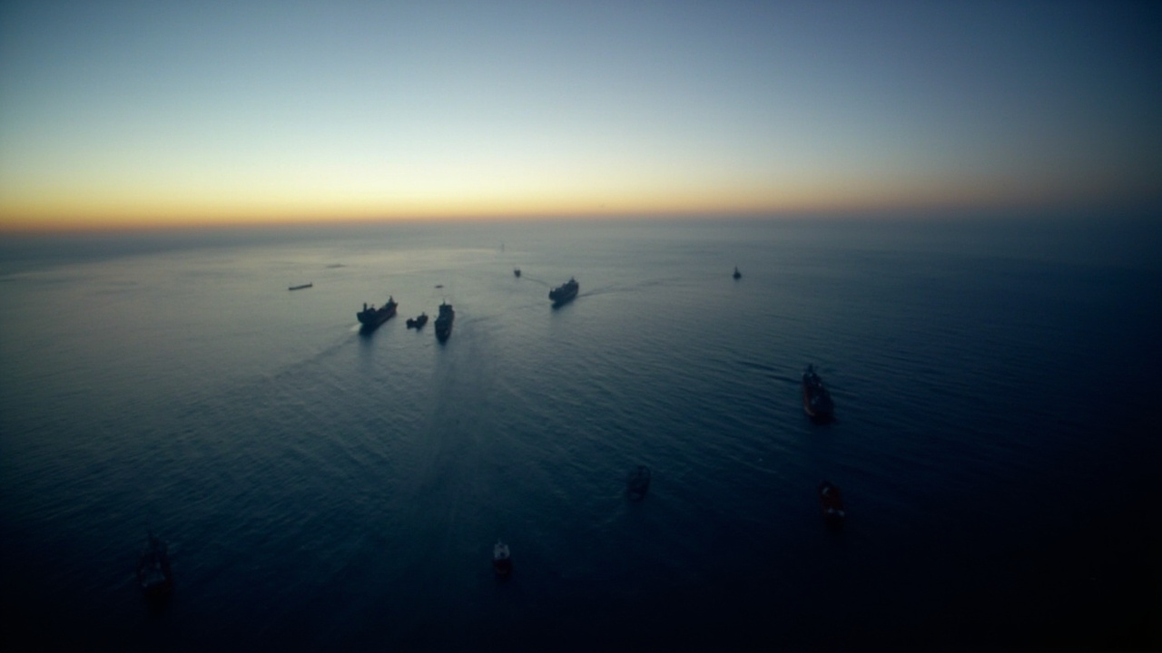 Satellite view of the Strait of Hormuz at dusk with tanker traffic frozen in anchorage, overlaid with the fading countdown clock of a deadline that passed