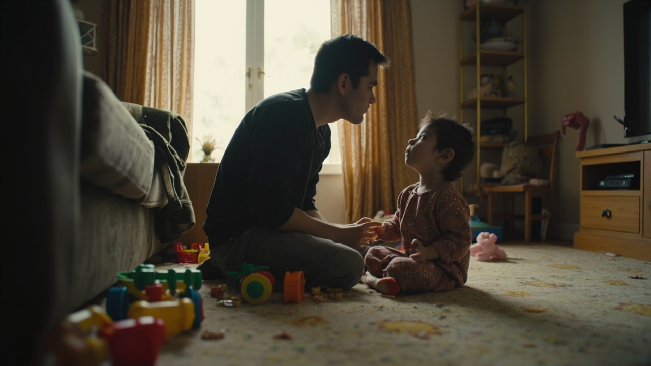 A parent kneeling at eye level with a small child on a living room floor with toys scattered around them