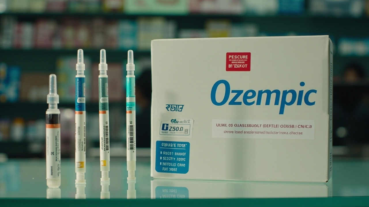 A Mumbai pharmacy counter displaying multiple branded generic semaglutide injection pens with price tags in rupees alongside the original Ozempic box
