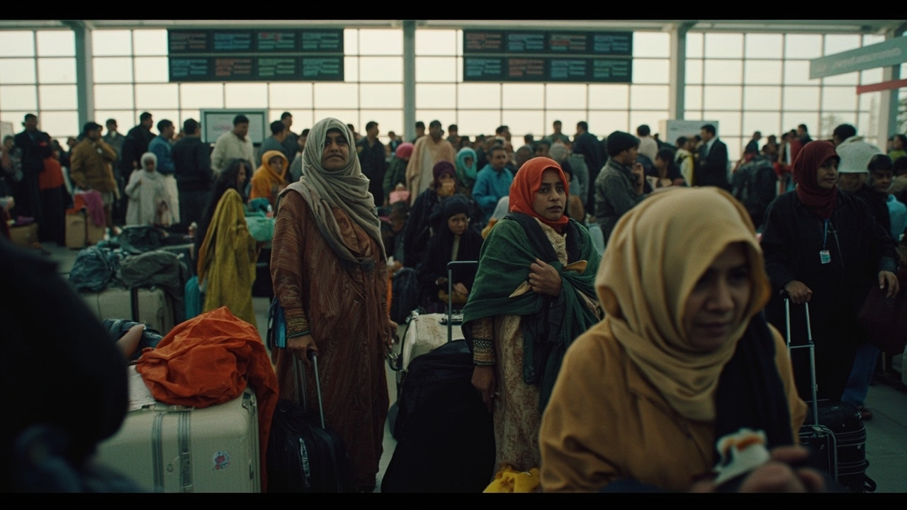 Indian migrant workers with suitcases and bags waiting in a crowded departure terminal at a Gulf airport with flight cancellation boards visible