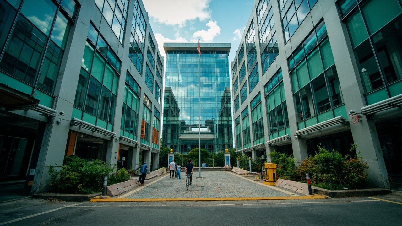 A modern glass office campus in Bangalore's tech corridor with the Indian flag visible and workers entering during morning hours