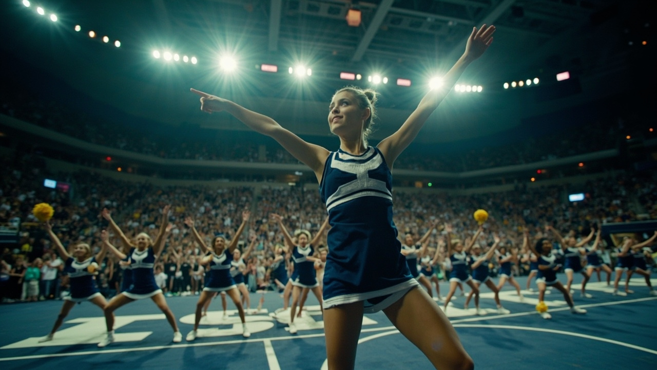 A large competitive cheerleading arena with hundreds of uniformed athletes performing under bright lights
