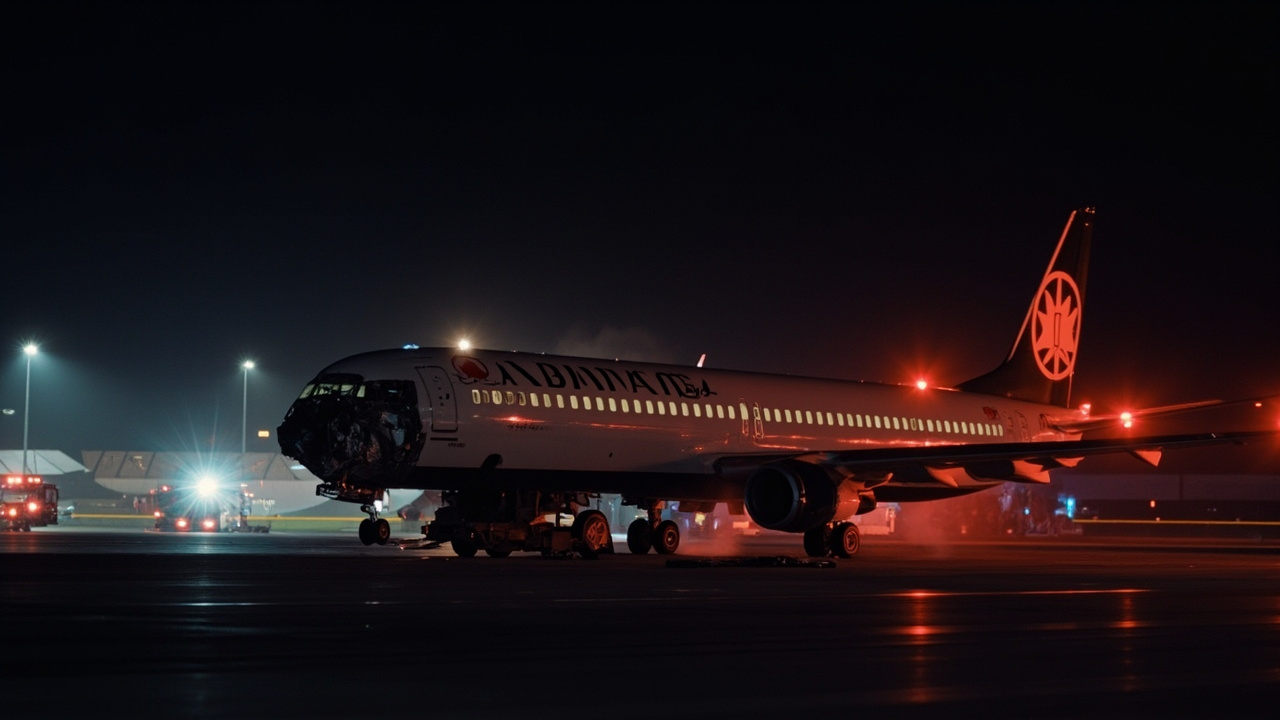 Damaged Air Canada regional jet with nose sheared off sitting on a dark runway at night alongside an overturned Port Authority fire truck with emergency lights still flashing and debris scattered across the tarmac