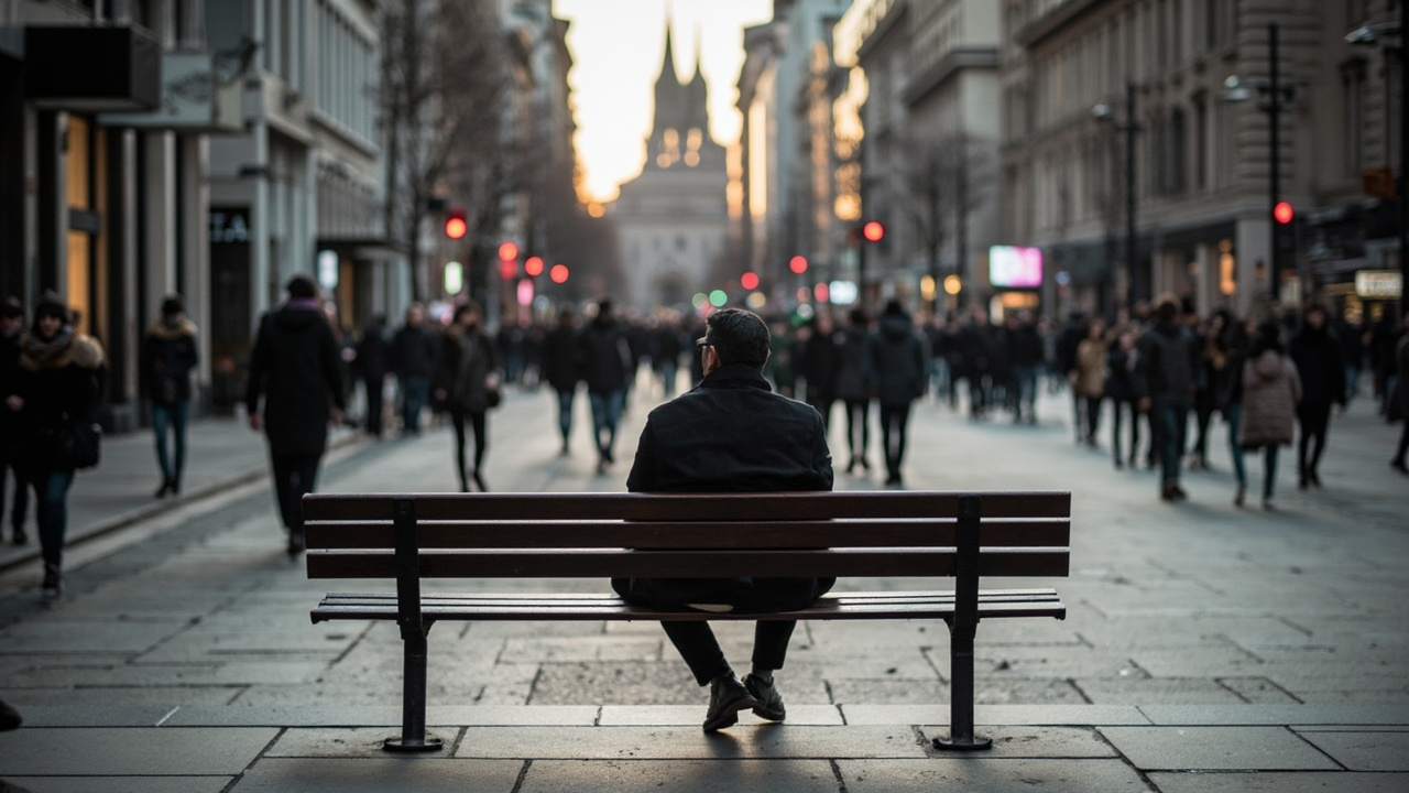 A lone person sitting on a park bench in a busy city plaza with crowds of people walking past without looking