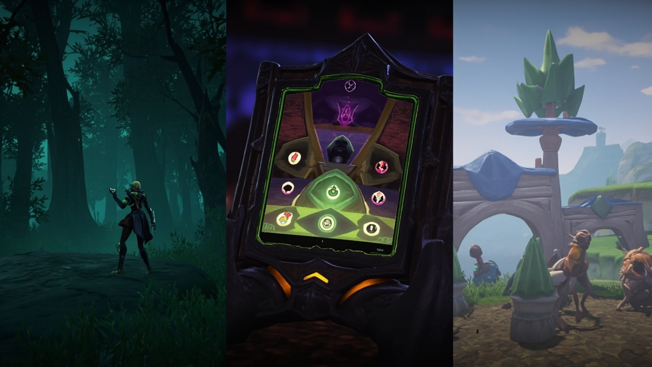 A split-screen collage showing World of Warcraft Midnight's dark elf forest, Slay the Spire II's card battle interface, and Pokemon Pokopia's open world