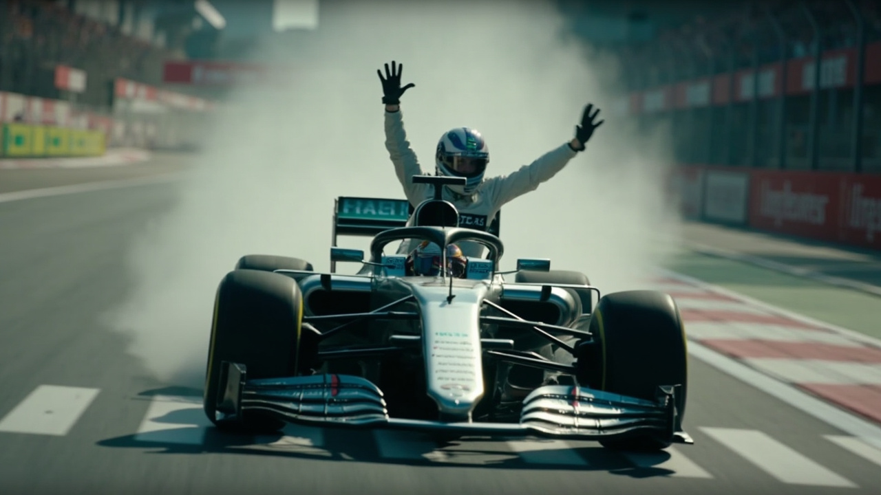 A silver Mercedes F1 car crossing the finish line at the Shanghai International Circuit with Kimi Antonelli's arms raised through the cockpit