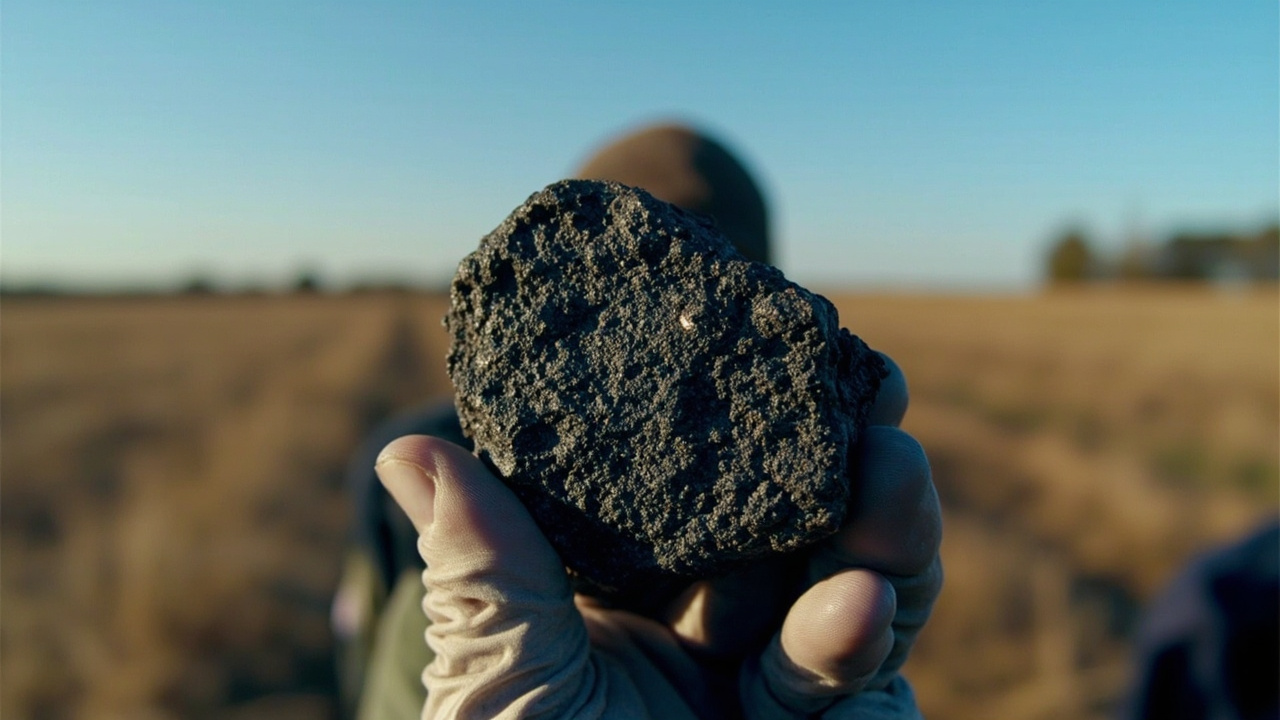 Dark fusion-crusted meteorite fragment held in gloved hand with Ohio farmland behind