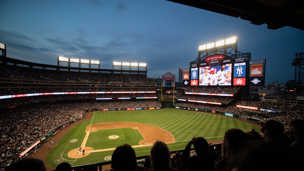 Oracle Park in San Francisco at twilight with the field illuminated and Giants and Yankees logos displayed on the scoreboard for Opening Night
