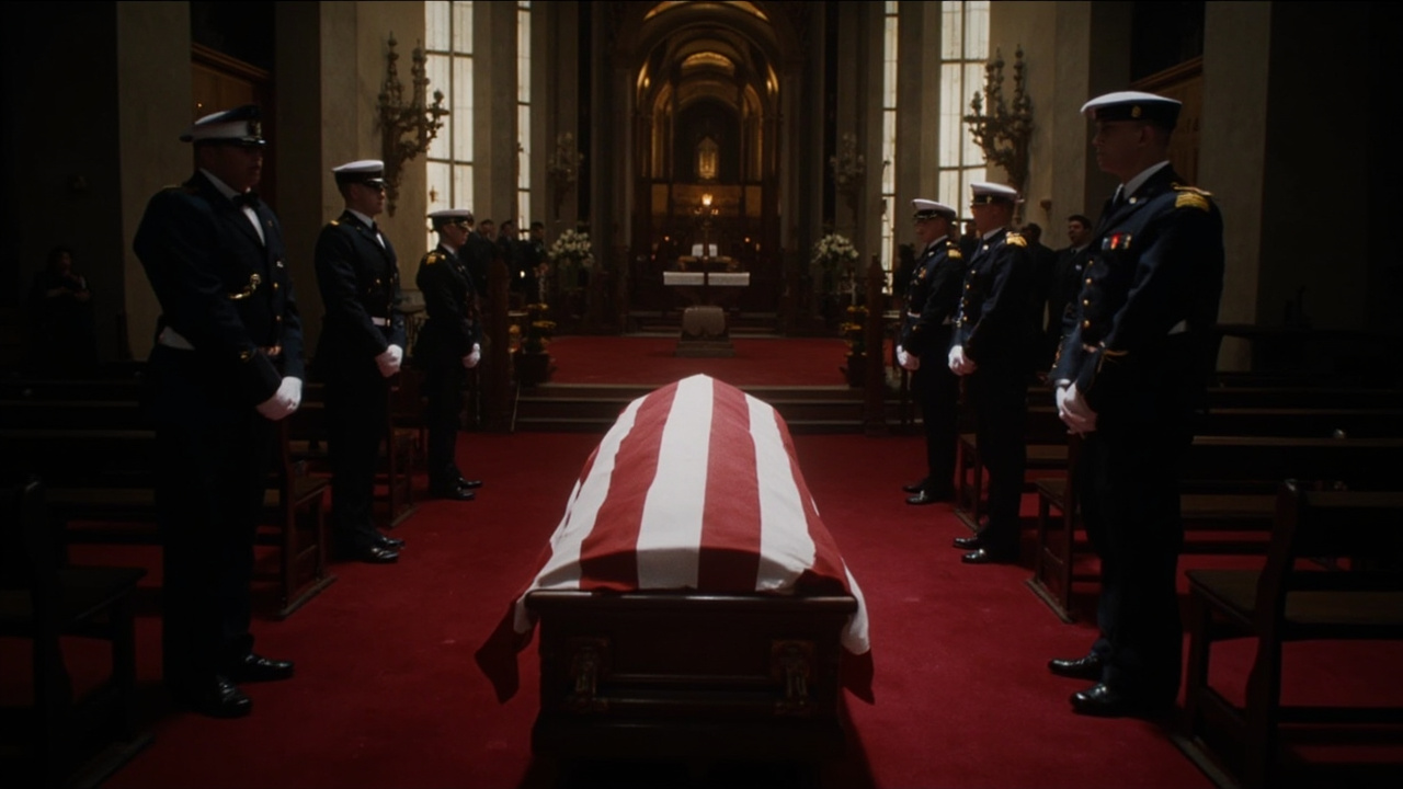 An American flag draped over a mahogany coffin in a church nave with military honor guard standing at attention