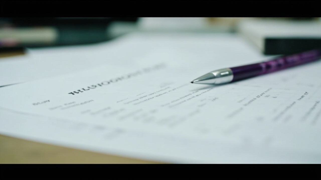 Close-up of a football contract document on a desk with a purple Vikings pen resting beside it