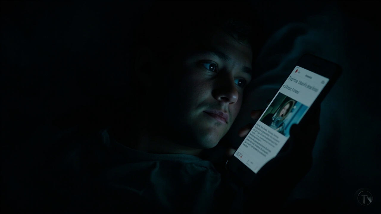 A person lying in bed at night with their face illuminated by a phone screen showing news headlines in a dark room