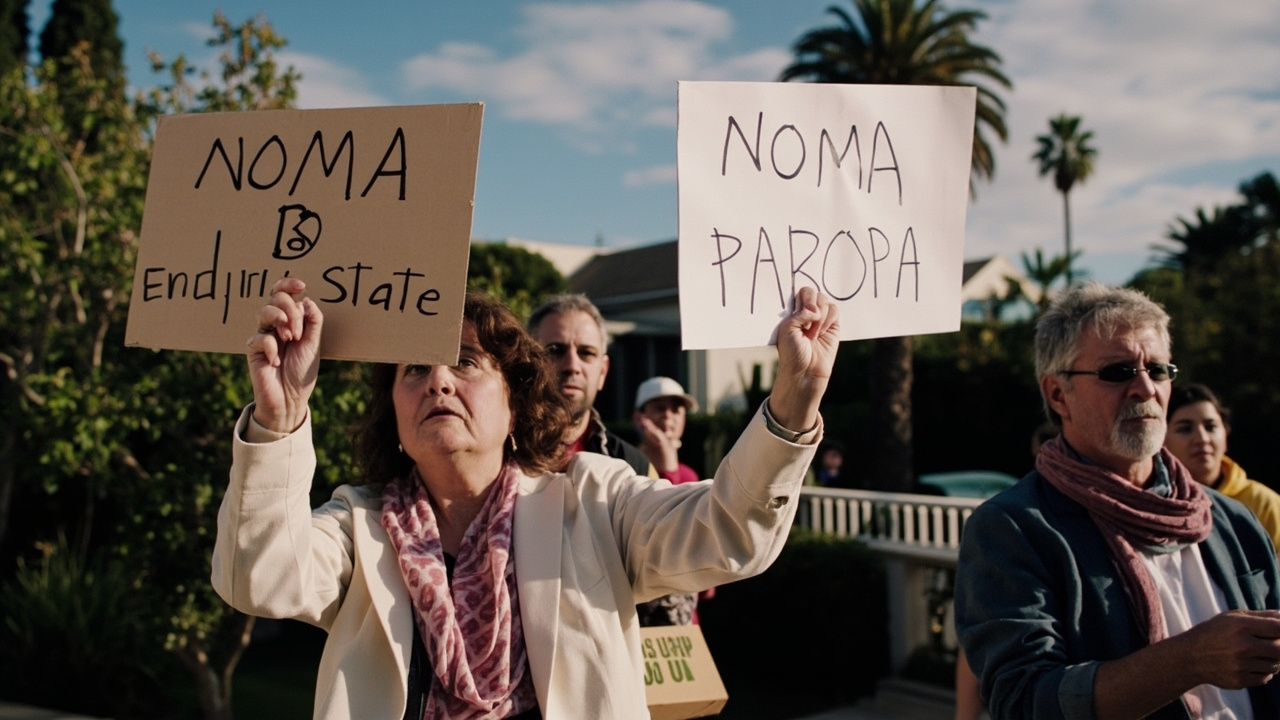 Protesters holding signs outside the Paramour Estate in Los Angeles where Noma's pop-up residency operates