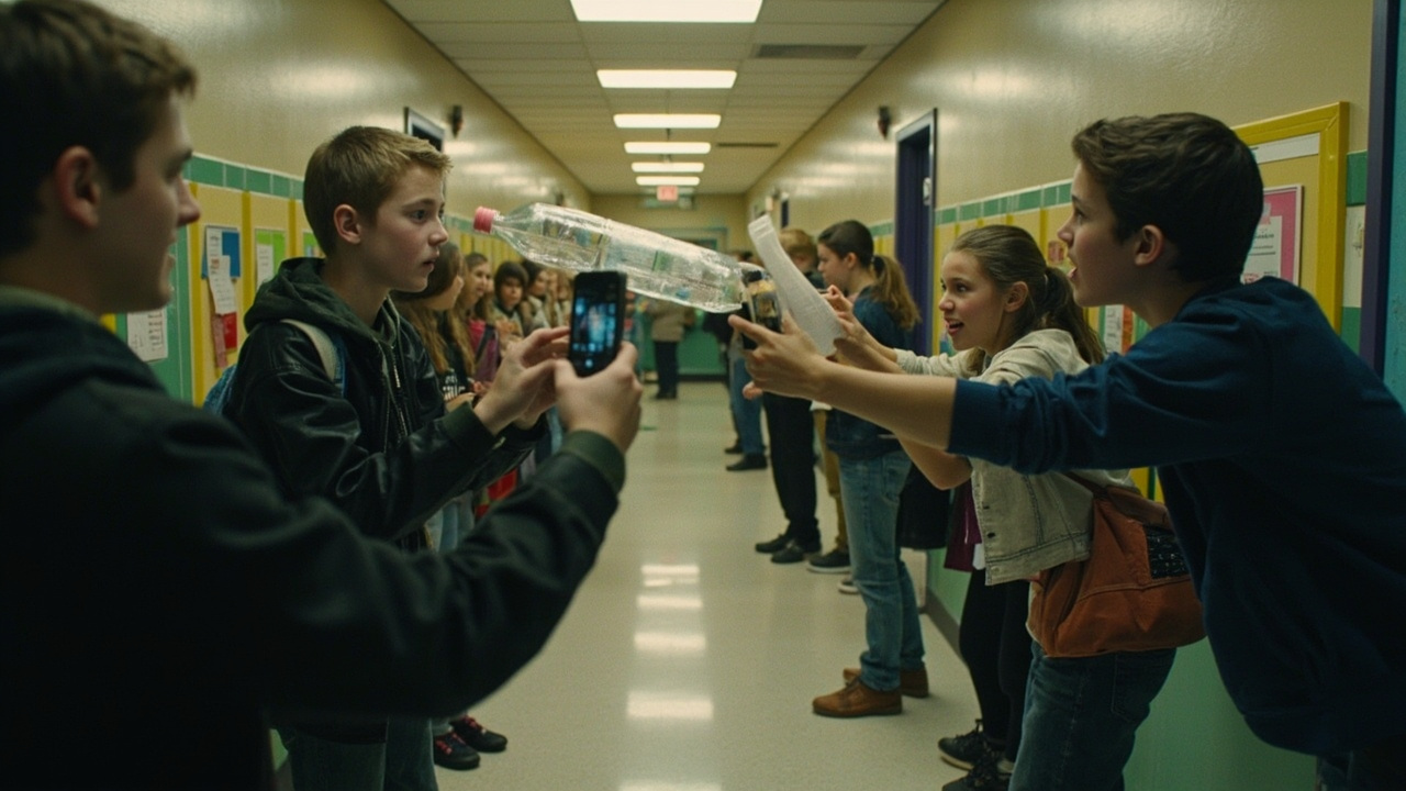 Gen Z teens in a school hallway recreating a water bottle flip challenge while filming on smartphones