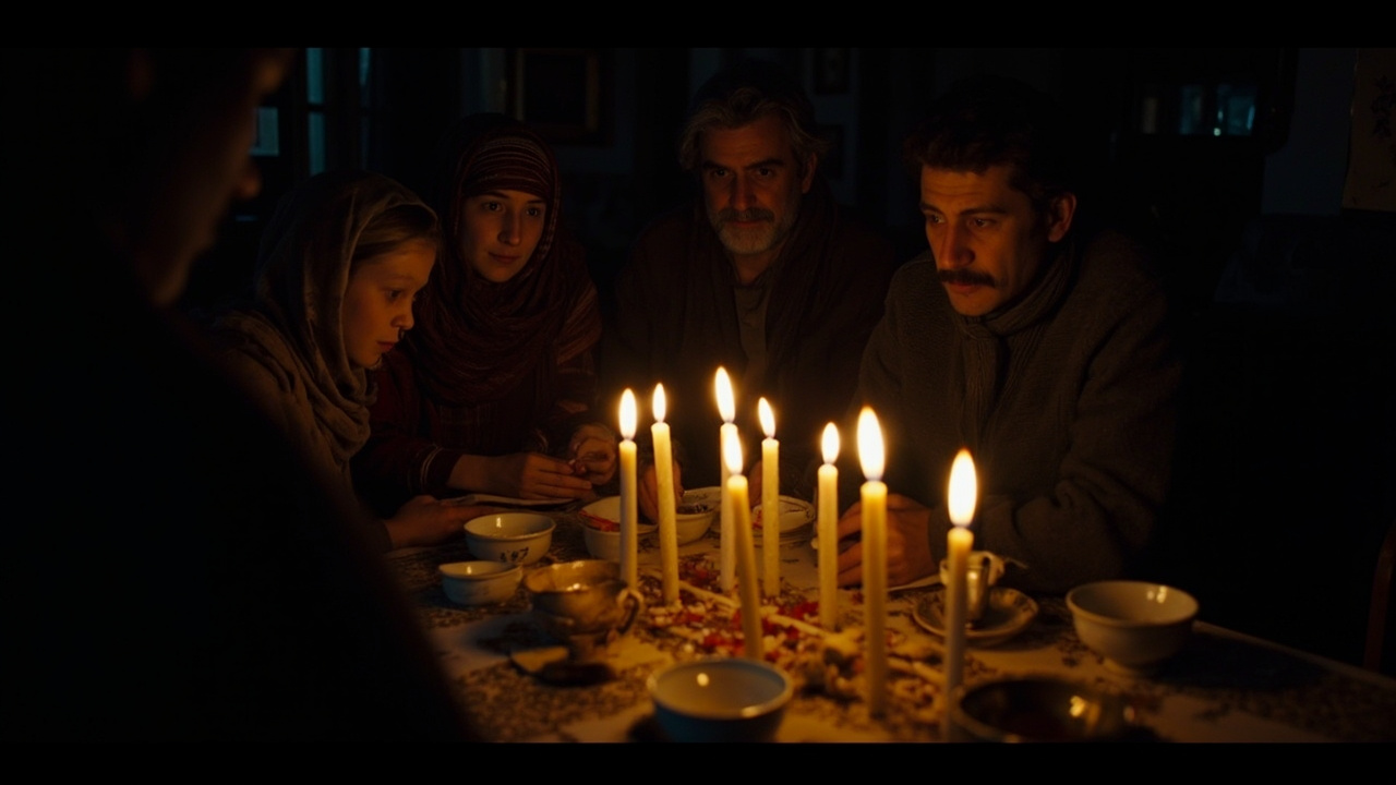 Iranian family gathered around candles and Nowruz haft-sin table in darkened Tehran apartment