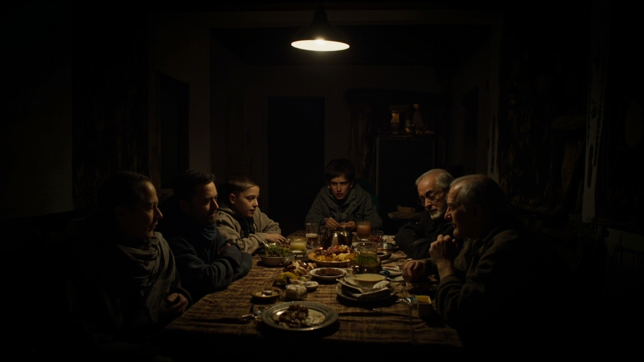 An Iranian family sitting around a Haft-sin table for Nowruz in a darkened room without phone or internet connectivity