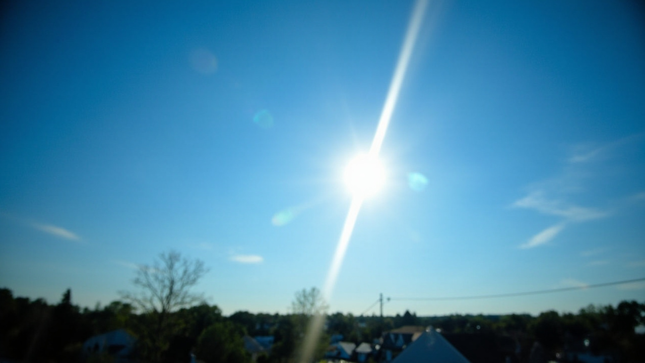 A bright streak of light crossing a clear blue daytime sky over a suburban Ohio landscape