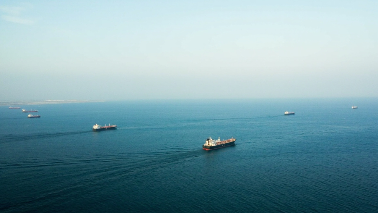 Oil tankers lined up in the Strait of Hormuz as seen from the coast of the United Arab Emirates