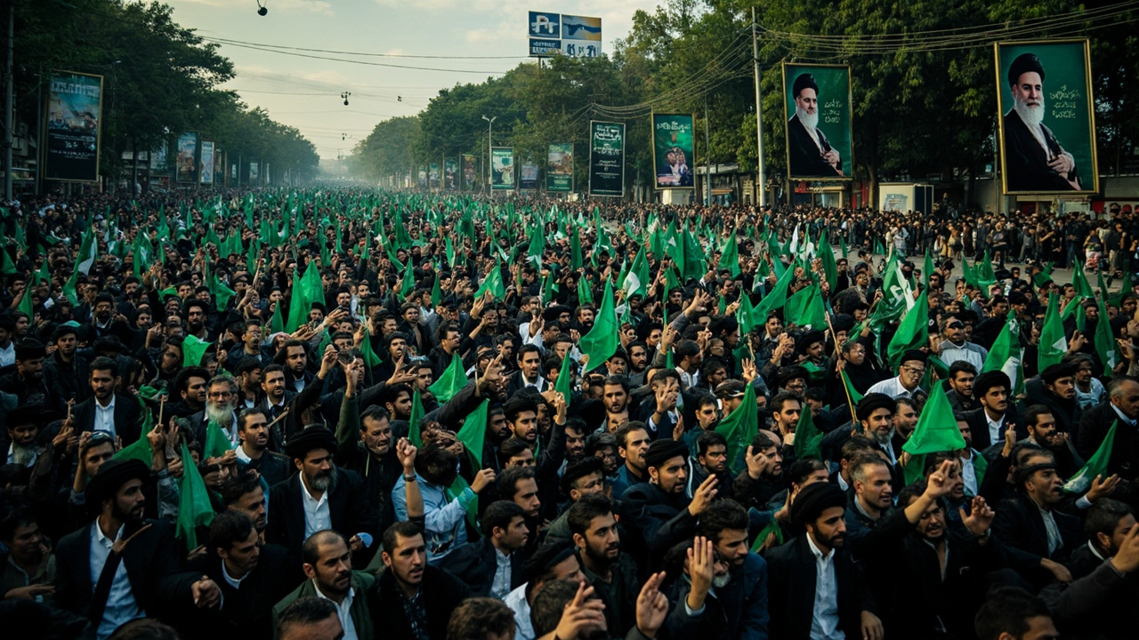 Thousands of Shia protesters filling a wide street in Islamabad with green and black banners and portraits of Ayatollah Khamenei