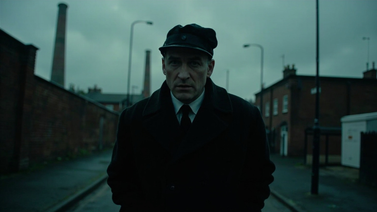Cillian Murphy as Tommy Shelby in a dark overcoat and peaked cap, standing in a rain-slicked Birmingham street with industrial chimneys in the background