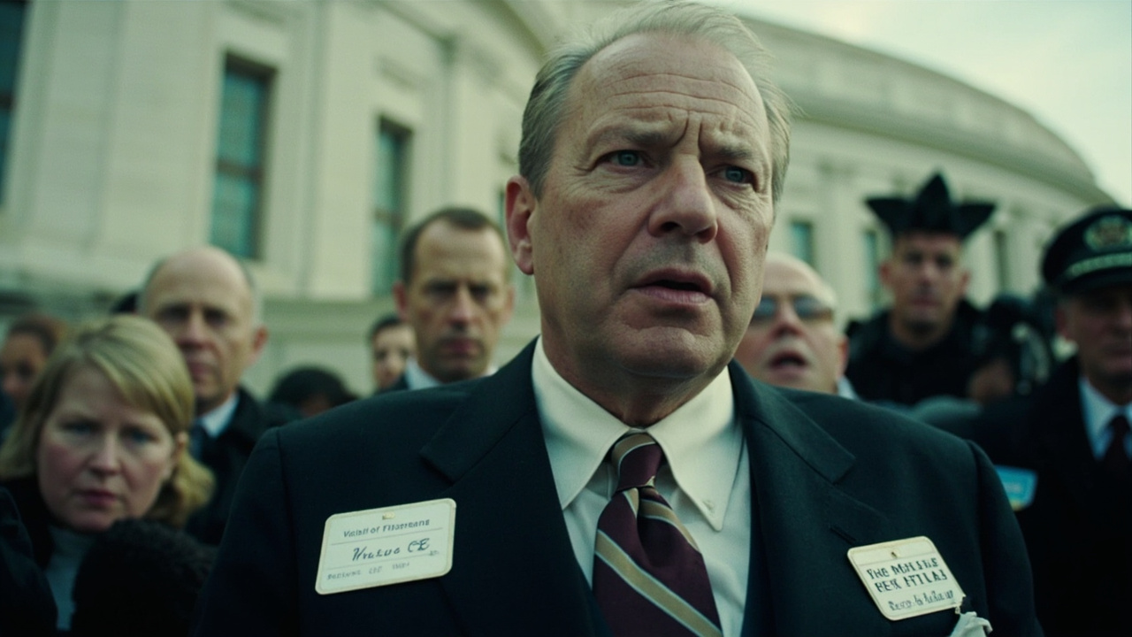 The Pentagon building exterior with press credential badges in the foreground