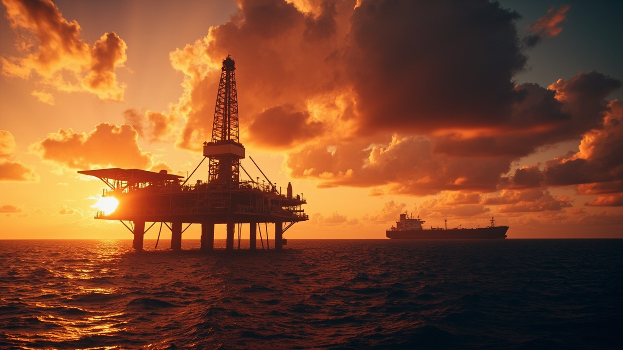 A Petrobras offshore oil platform in the Brazilian Atlantic with a tanker ship in the background against a dramatic sunset