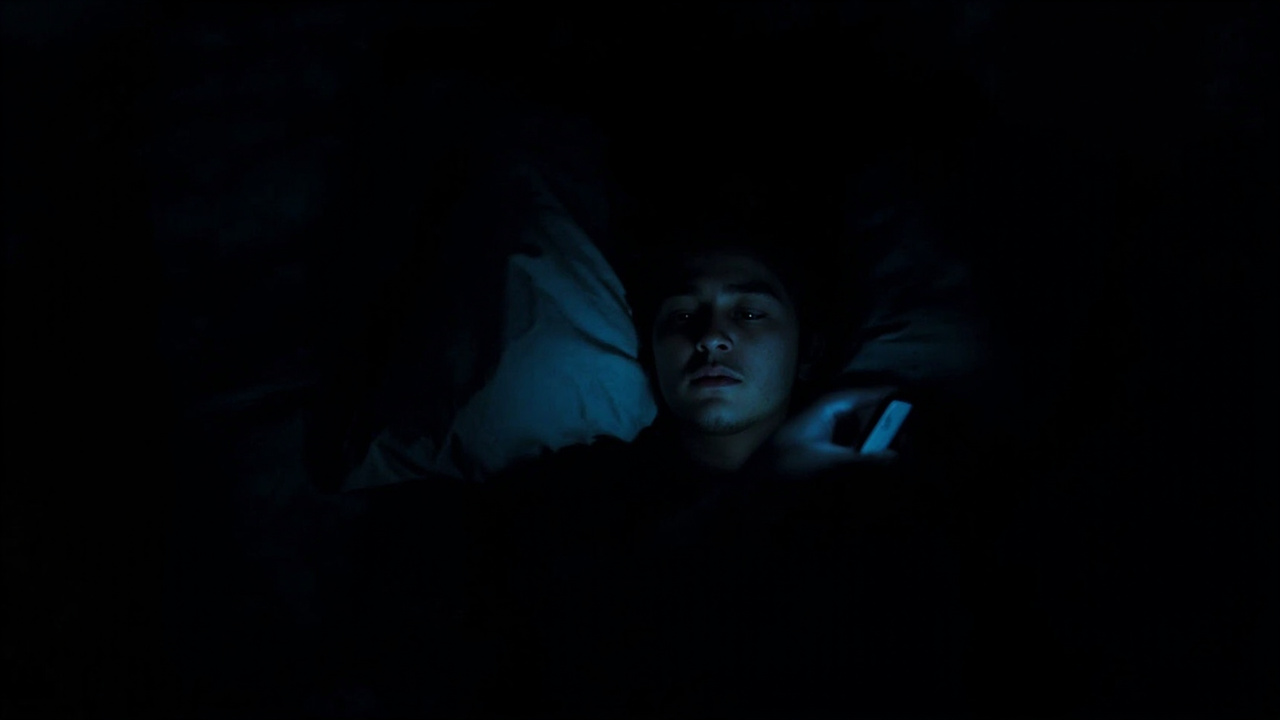 Person lying alone in bed at night with face illuminated by phone screen glow