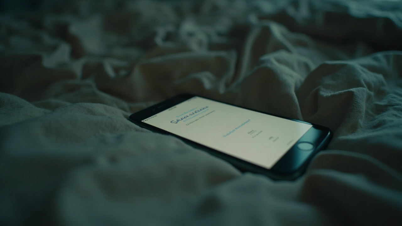 A smartphone lying face-up on rumpled bedsheets showing a dating app notification screen