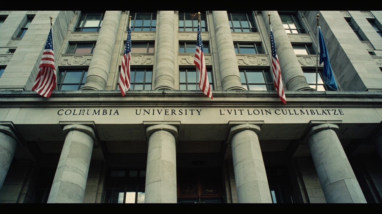 The facade of Columbia University's Low Library where the Pulitzer Prizes are administered with American flags at half-staff
