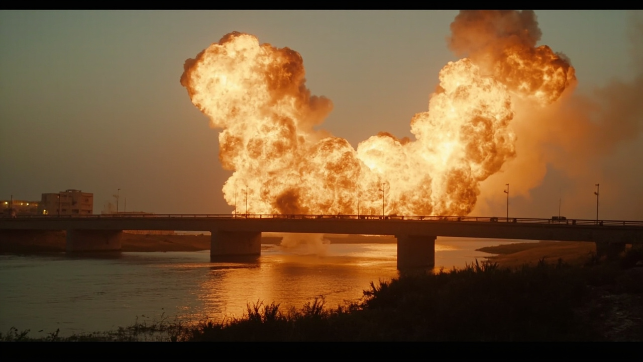Fireball rising from the Qasmiya Bridge over the Litani River after an Israeli airstrike in southern Lebanon