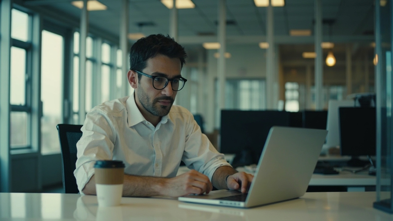 Office worker sitting alone at a clean desk staring at a laptop screen with an empty coffee cup and perfect posture but hollow expression